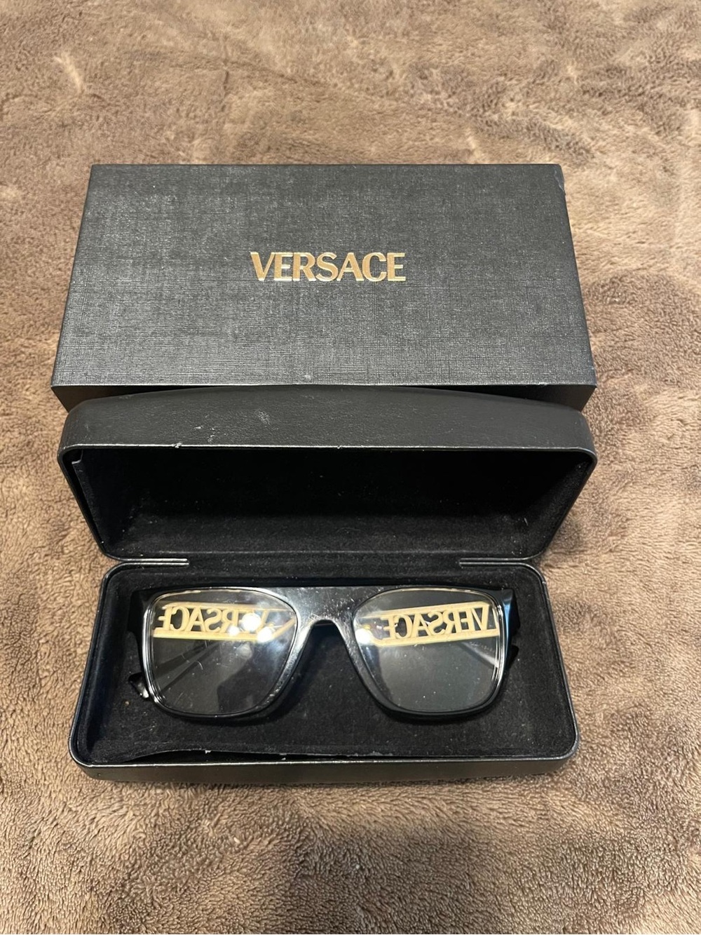 Versace Eyeglasses Black Sunglasses with Gold Logo Bar